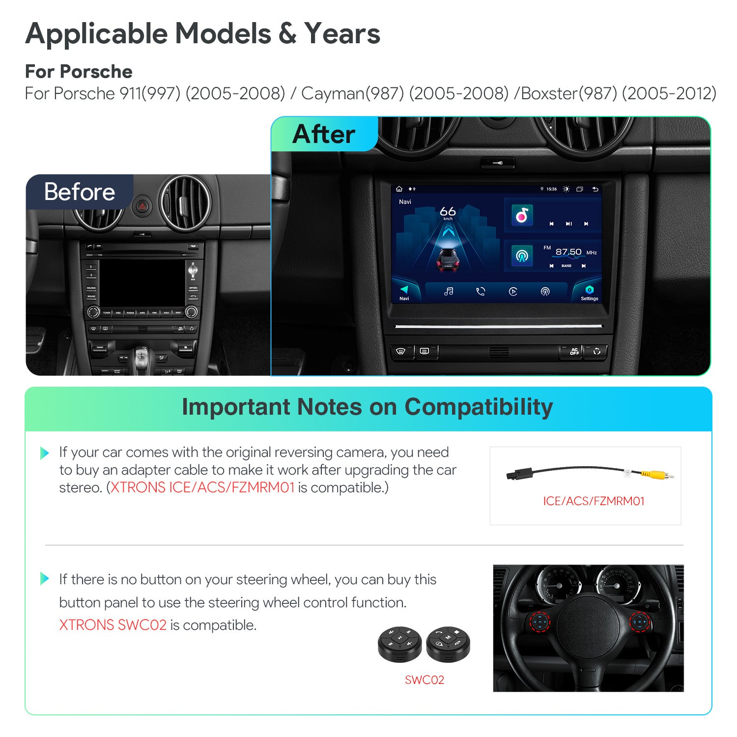 XTRONS 8in IPS Wireless CarPlay Android Head Unit Porsche 911/Cayman/Boxster