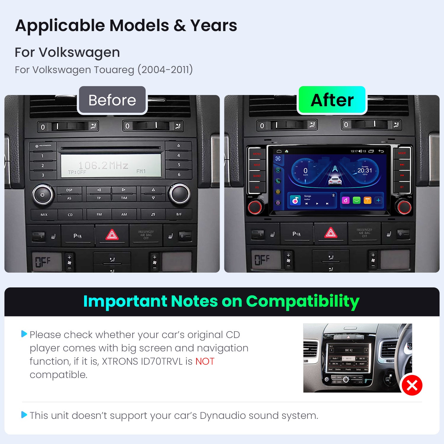 XTRONS ID70TRVL Volkswagen 7 Inch Android Head Unit Wireless CarPlay 4GB 64GB