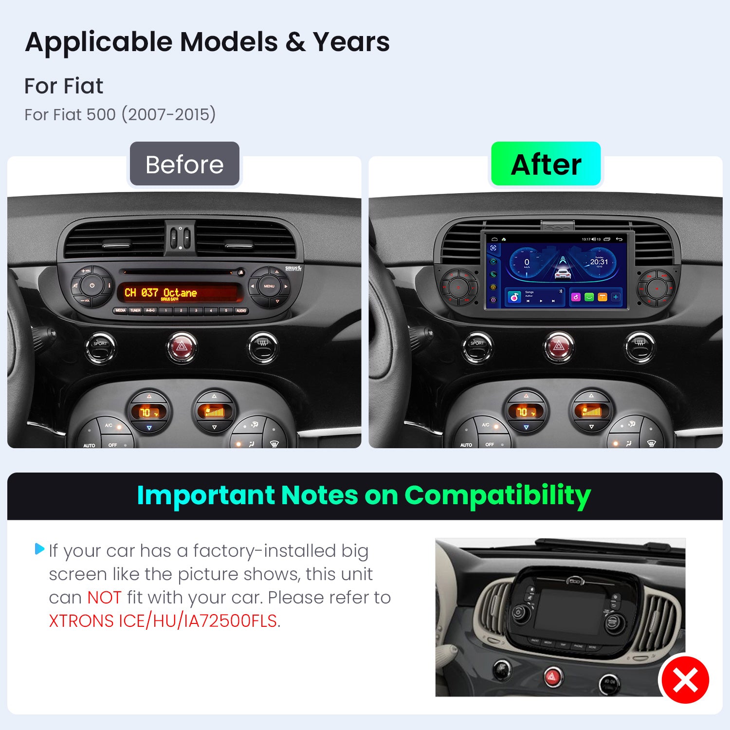 XTRONS IDS7050FLB 7in Wireless CarPlay Android Head Unit Fiat 500
