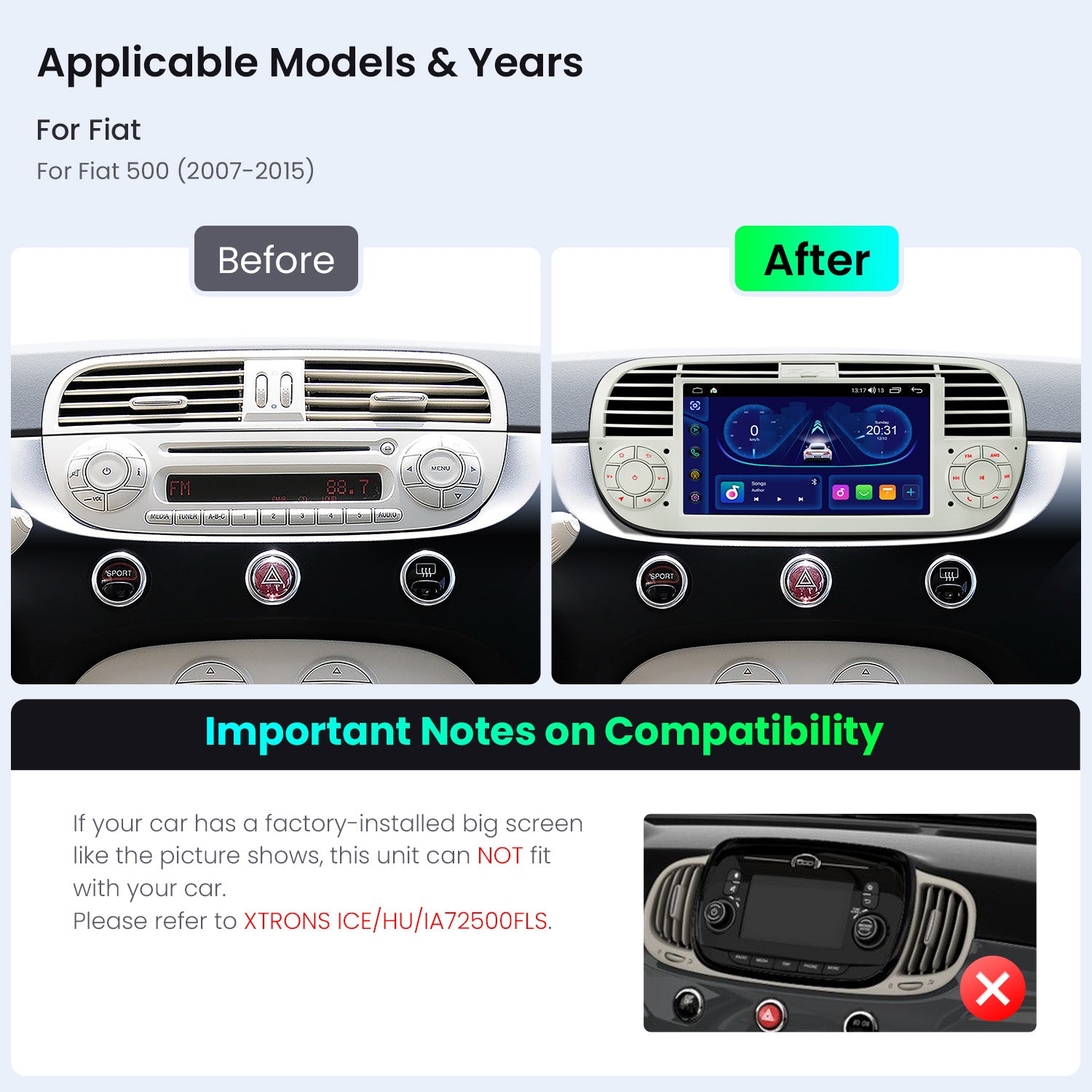 XTRONS IDS7050FLC Fiat Android OS Wireless CarPlay Head Unit 7in 2GB RAM