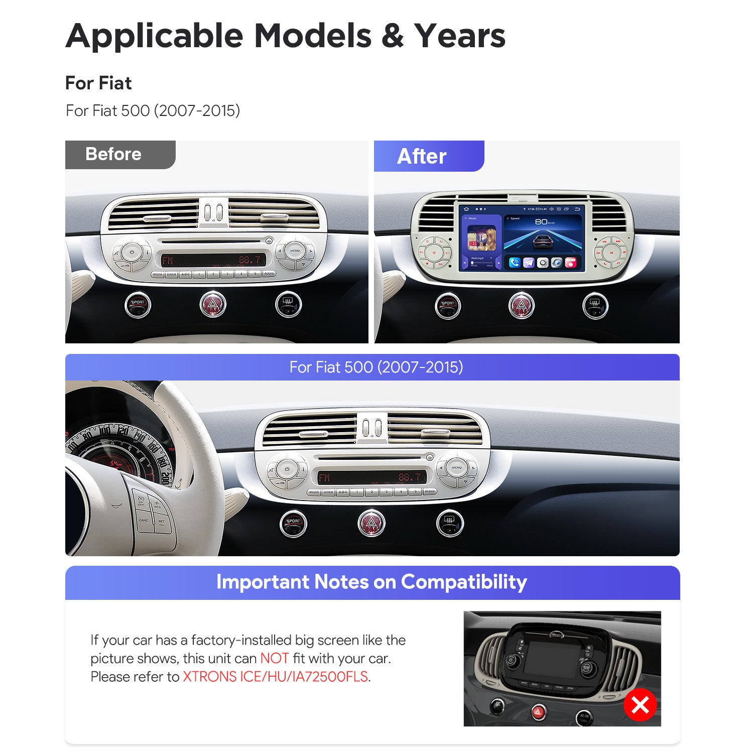XTRONS IQ7450FLCP Fiat 500 Qualcomm 665 7" Android Car Head Unit