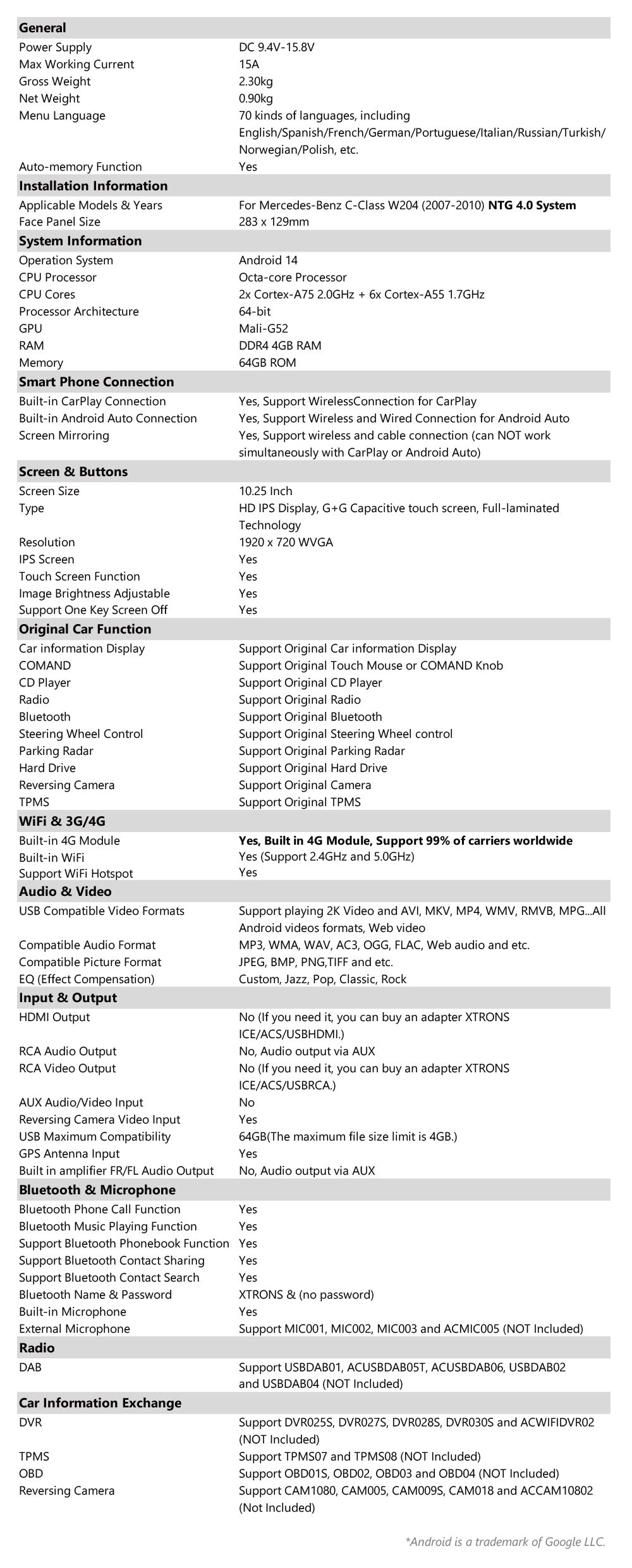 XTRONS Mercedes C-Class 10.25" Android Head Unit Wireless CarPlay