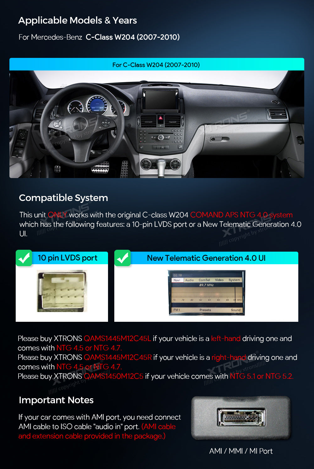 XTRONS Wireless CarPlay Android 13 Head Unit 10.25in for Mercedes C-Class