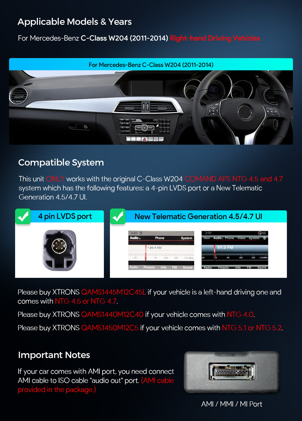 XTRONS QA Android Head Unit Wireless CarPlay Mercedes C-Class 10.25in 4GB 64GB