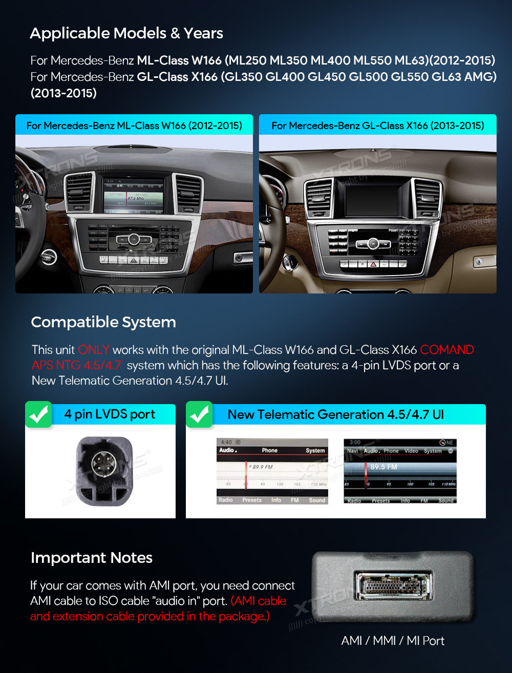 XTRONS 10.25in Wireless CarPlay Head Unit for Mercedes ML-Class GL-Class