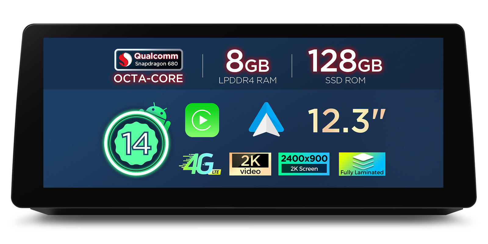 XTRONS QGB24NB12SV 12.3in Wireless CarPlay Android 14 Head Unit QHD