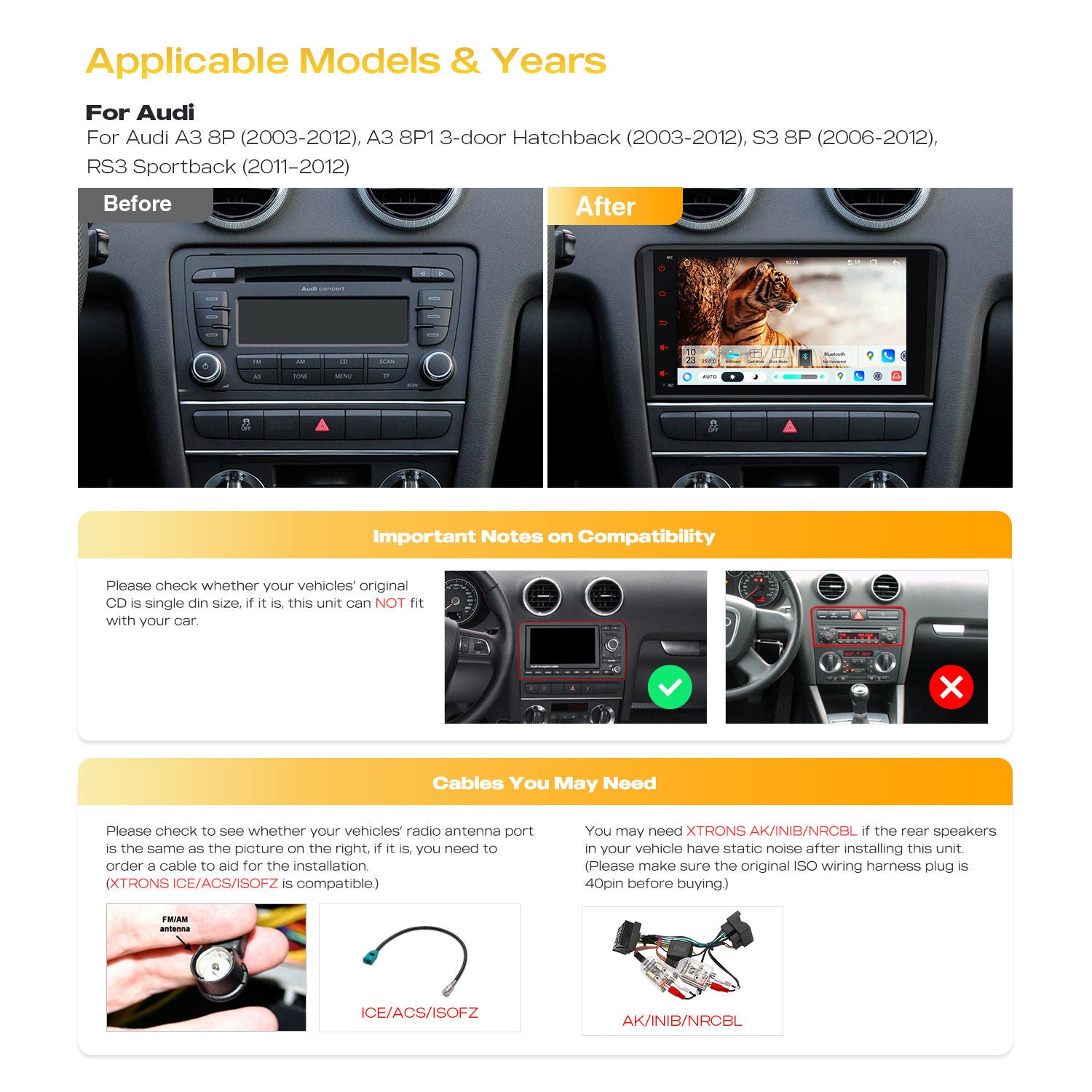 XTRONS IMH84A3AL 8in Android 14 Car Stereo Wireless CarPlay Audi A3