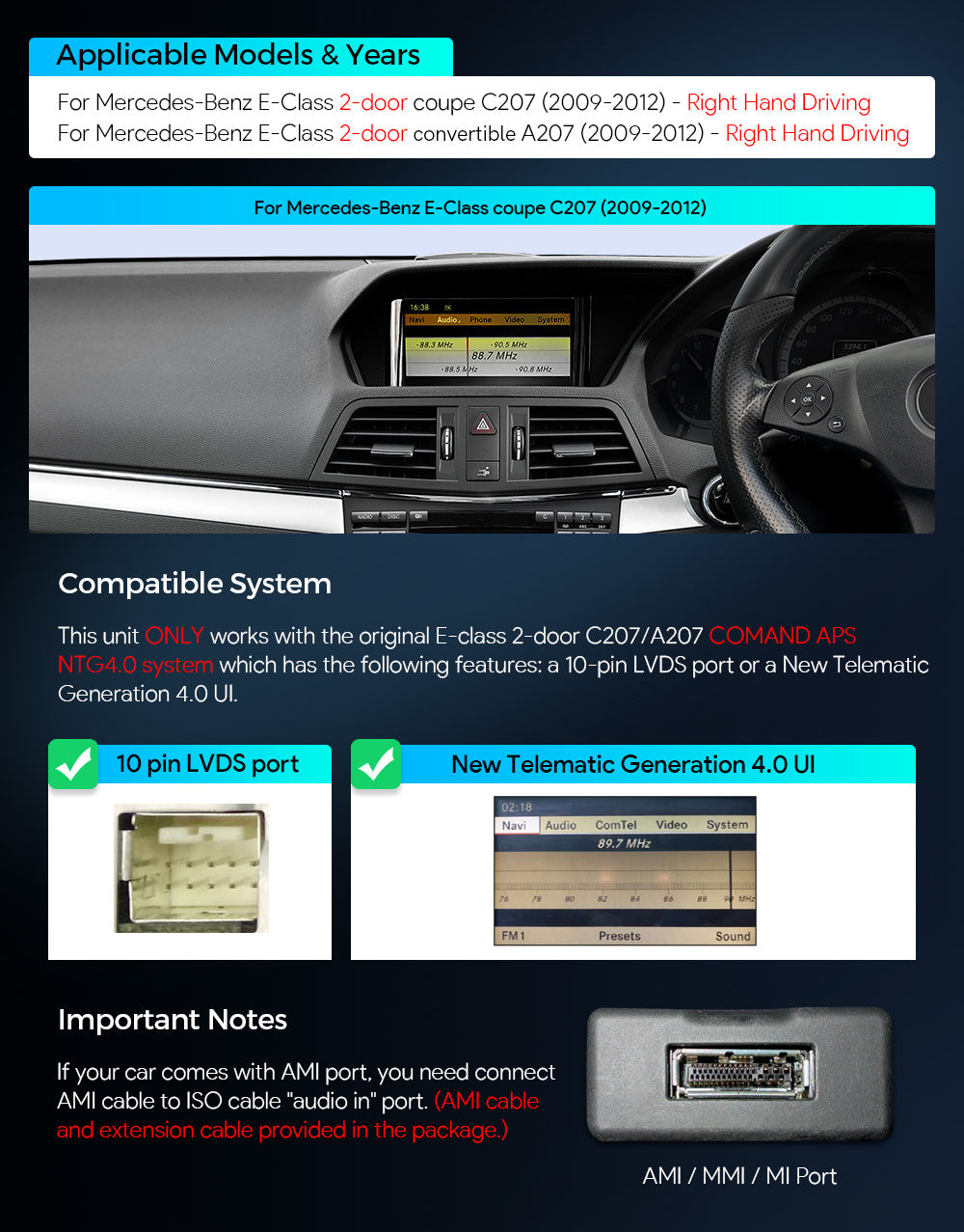 XTRONS QA Series Mercedes E-Class Wireless CarPlay Head Unit 10.25in 8GB 128GB