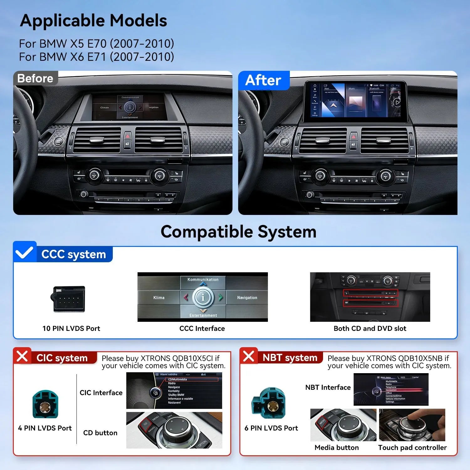 XTRONS QDB10X5CC Wireless CarPlay Android Head Unit 10.25in 4GB 64GB for BMW X5 X6