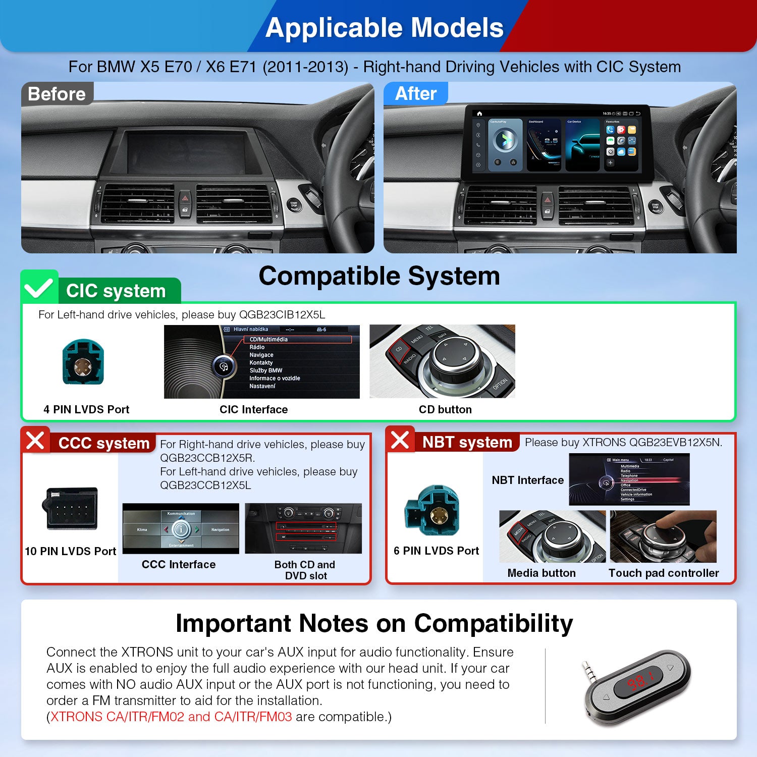 XTRONS QGB23CIB12X5R QG Series 12.3in Wireless CarPlay Android Head Unit BMW X5 X6