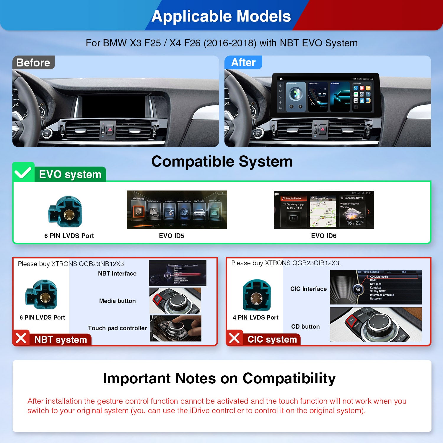 XTRONS QGB24EVB12X3 Wireless CarPlay Android 14 Head Unit BMW X3 2K