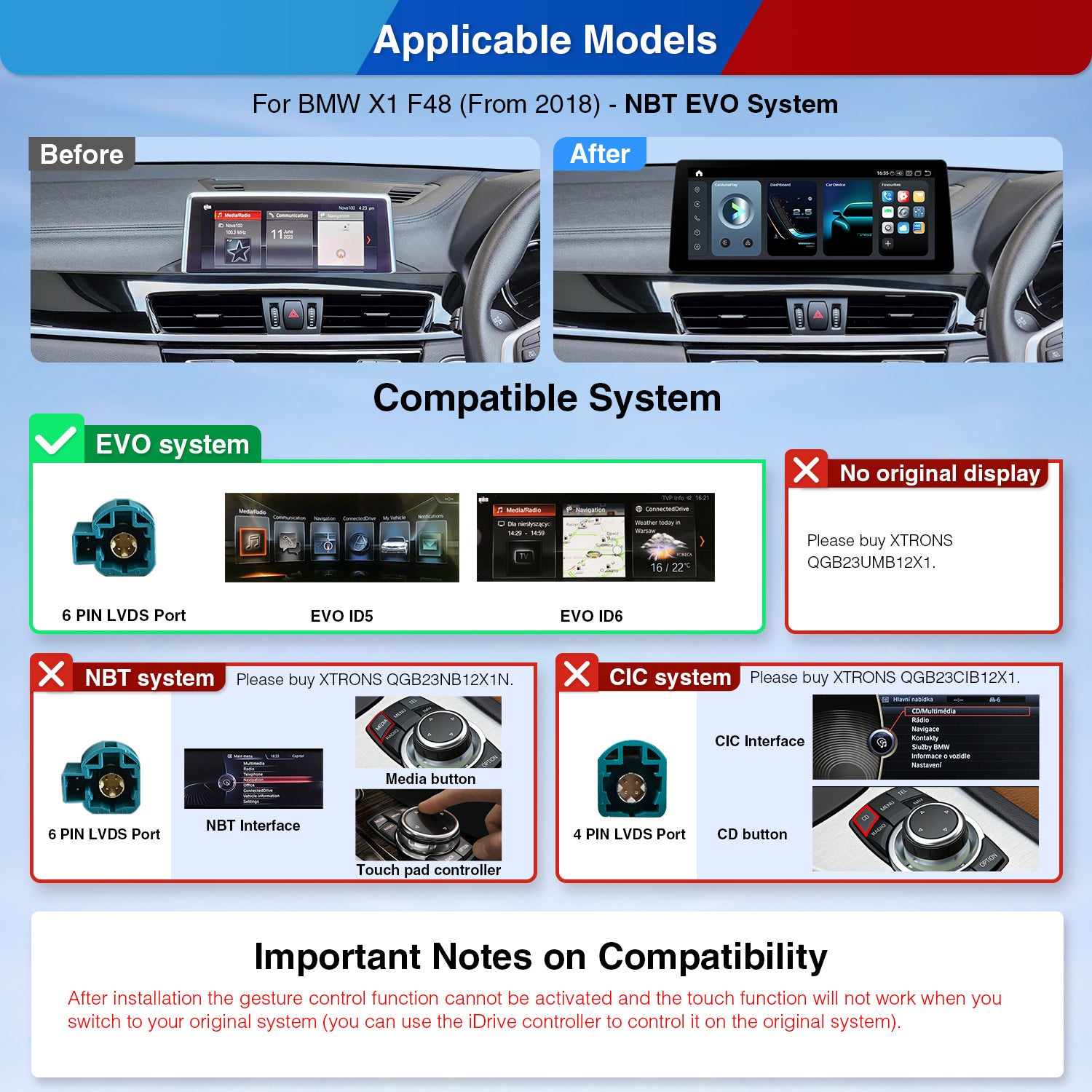 XTRONS QGB24NB12X1N 12.3" 2K Screen Wireless CarPlay Head Unit for BMW X1