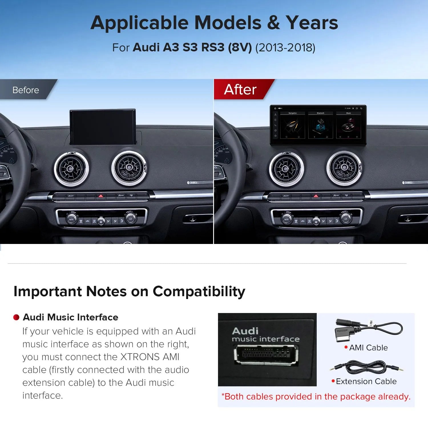 XTRONS QLA23A3 Custom-Fit 12.3in Android Head Unit for Audi A3, 4GB 64GB