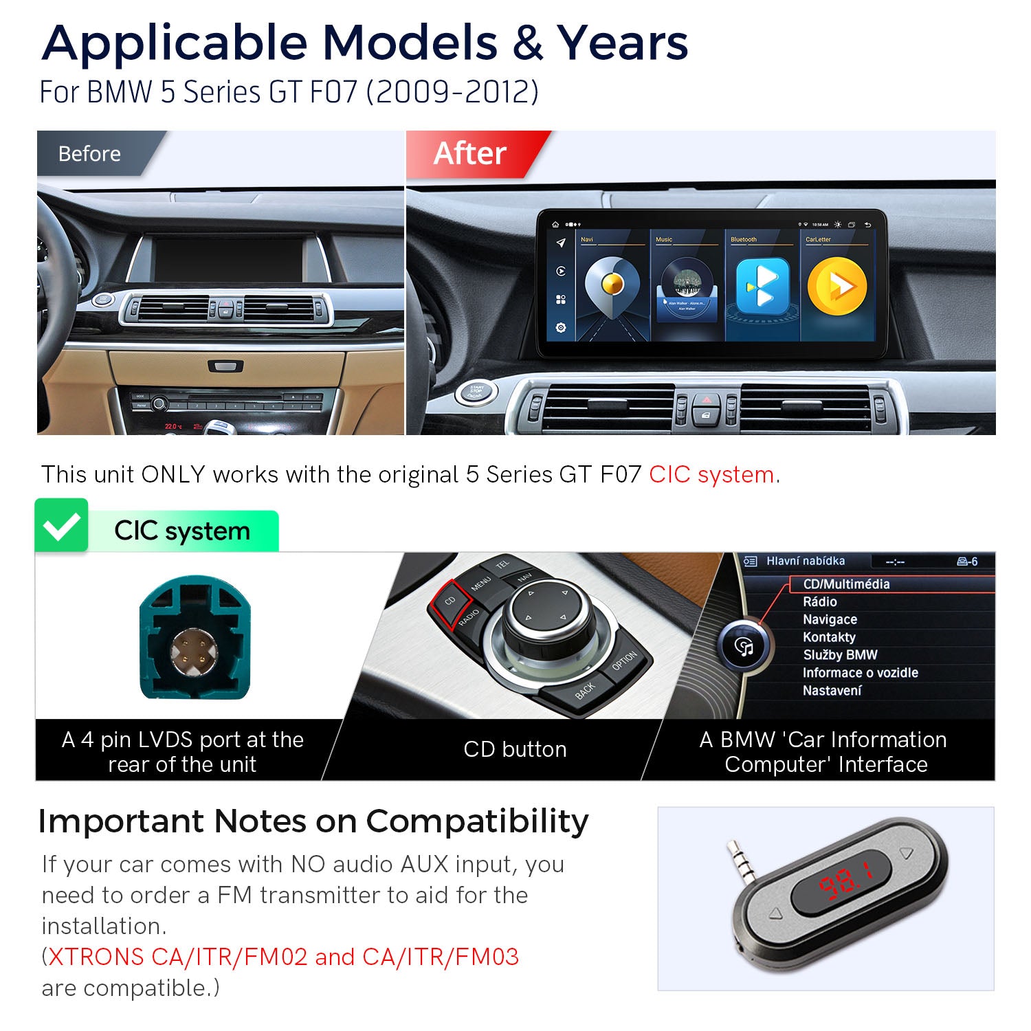 XTRONS QL Series 12.3in Android 13 Head Unit BMW 5 Series CIC 4GB 64GB QLB22CIB12FVGT