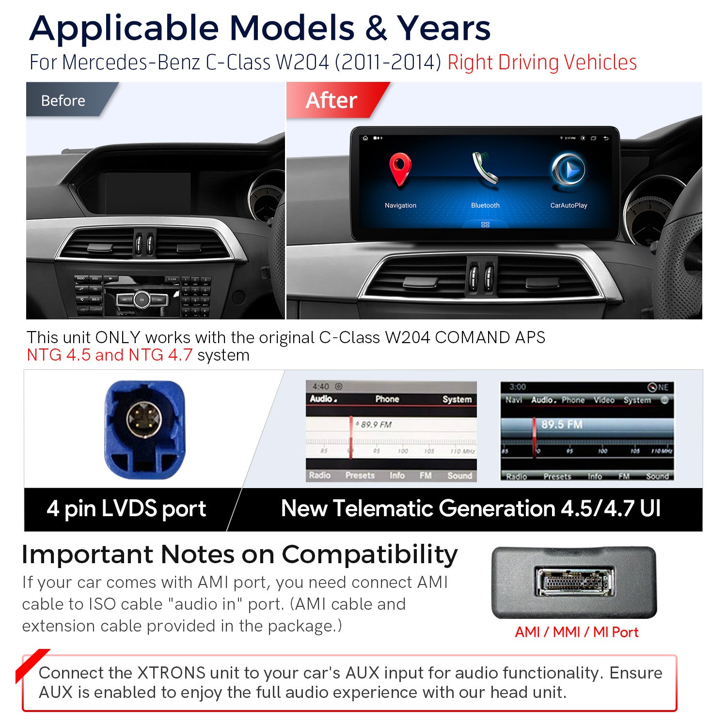 XTRONS QLM2245M12C45R Mercedes-Benz C-Class 12.3" Android Head Unit Car Stereo with Wireless CarPlay