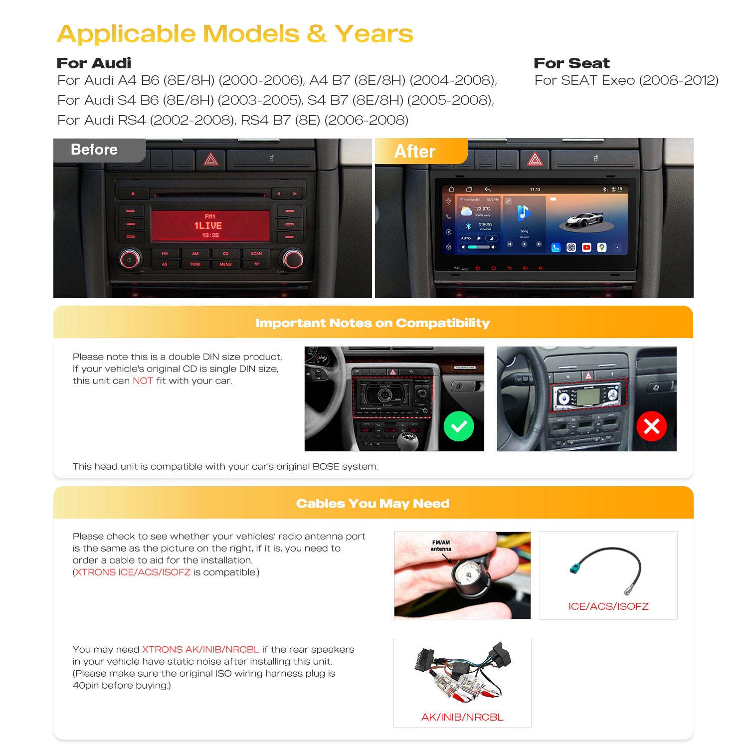 XTRONS Im84a4ah 8.8in QLED Android 14 Car Stereo for Audi Seat