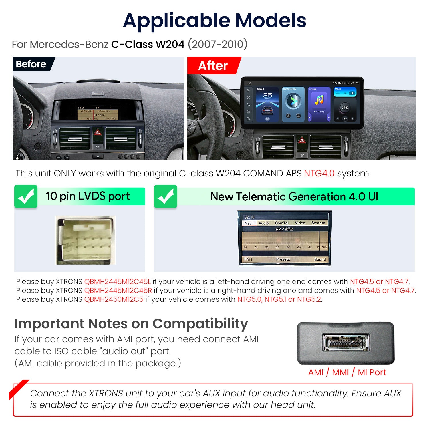 XTRONS QBMH2440M12C40 12.3in 2K Android Head Unit for Mercedes-Benz C-Class W204