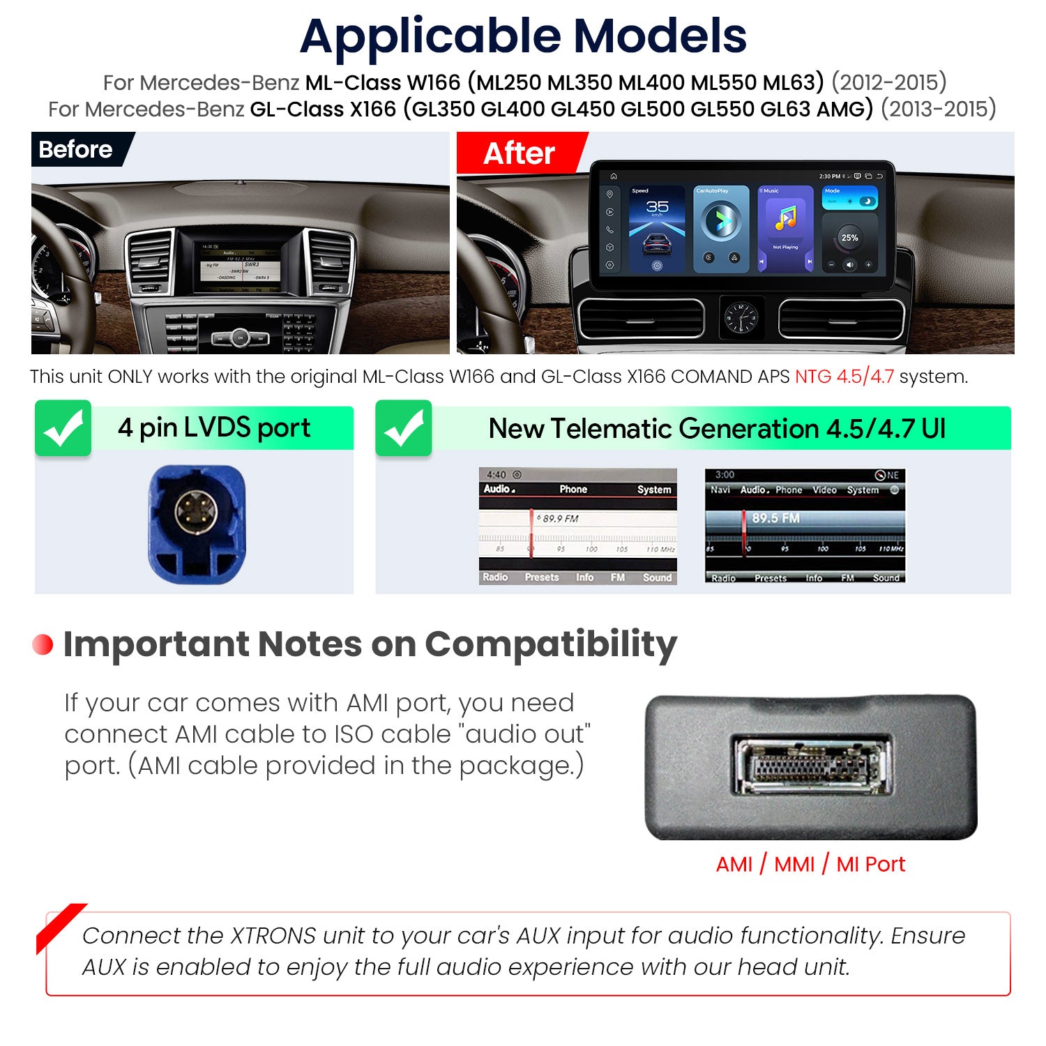 XTRONS QBMH2445M12ML45 12.3in 2K Android Head Unit for Mercedes ML W166 GL X166